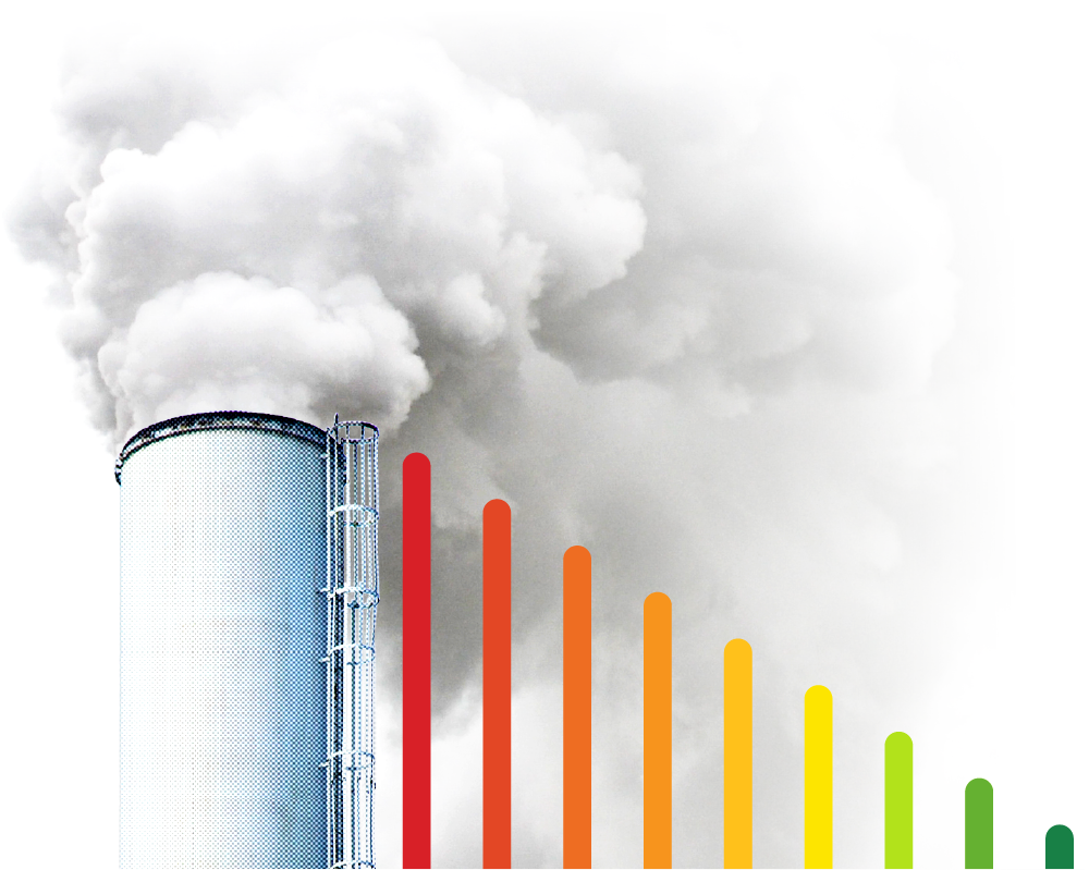 Image of smoke stack and conceptual graph overlaid on top to signify growing/decreasing carbon emissions